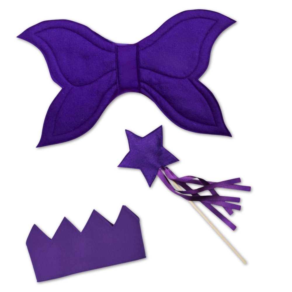 A child's purple fairy wings, wand and crown set 