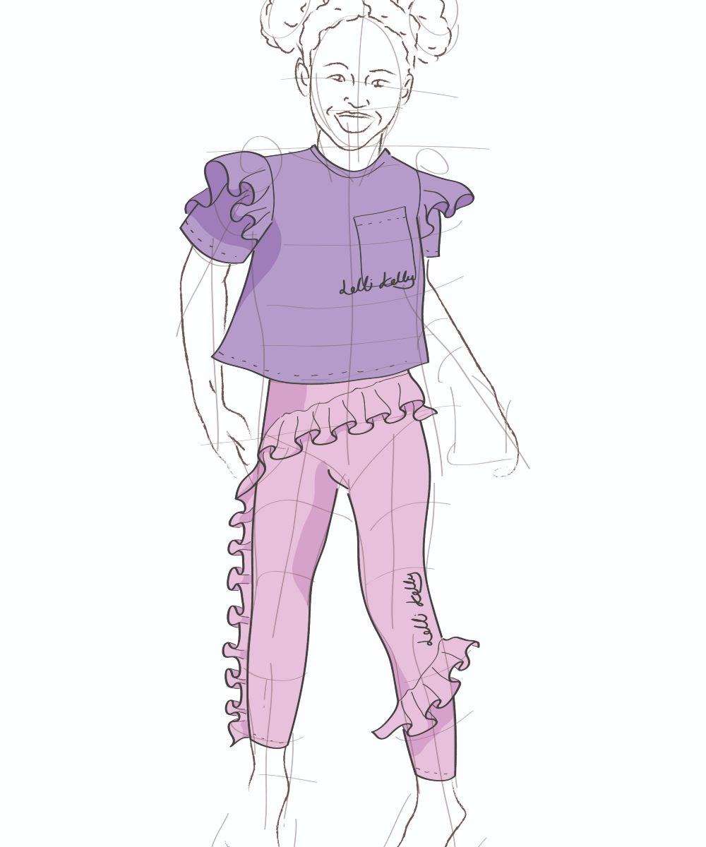 A sketch of a girl wearing a purple top and trousers by Lelli Kelly Apparel 