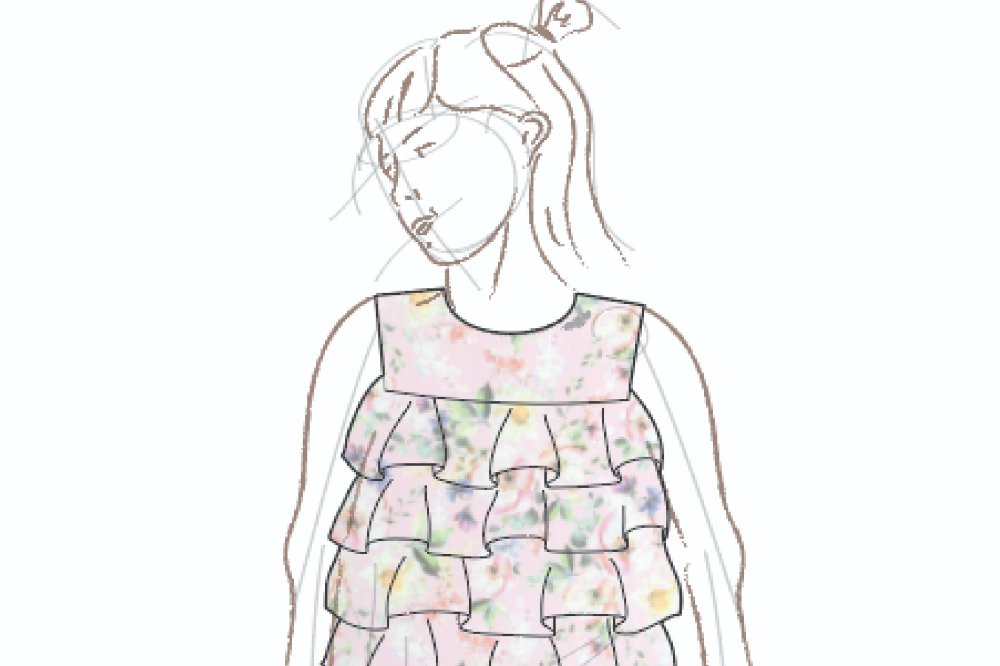 A sketch of a girl wearing a frilled top from the Lelli Kelly Apparel collection