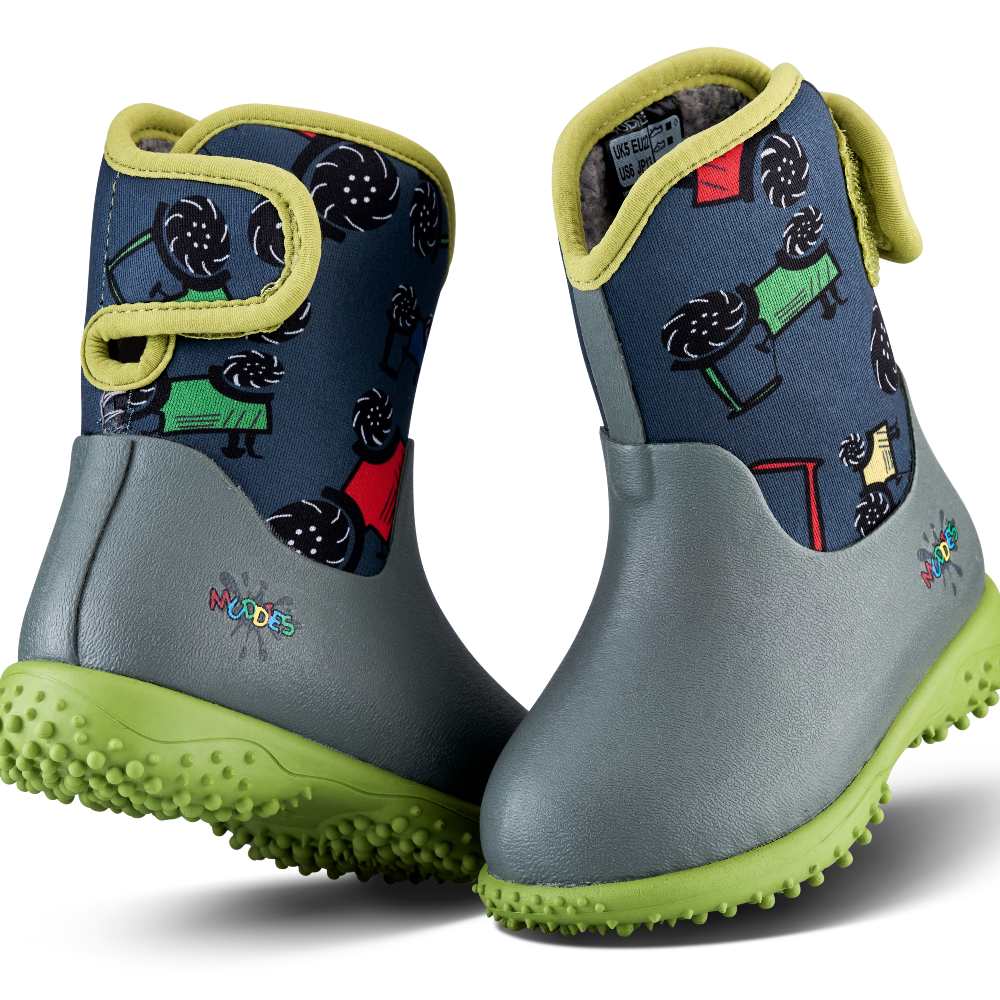 A pair of children's Muddies boots in a tractor print design
