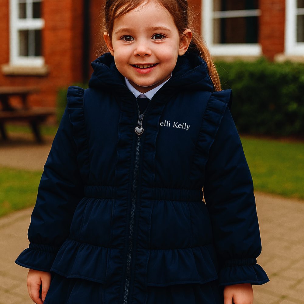 A girl stood outside wearing a Lelli Kelly school coat