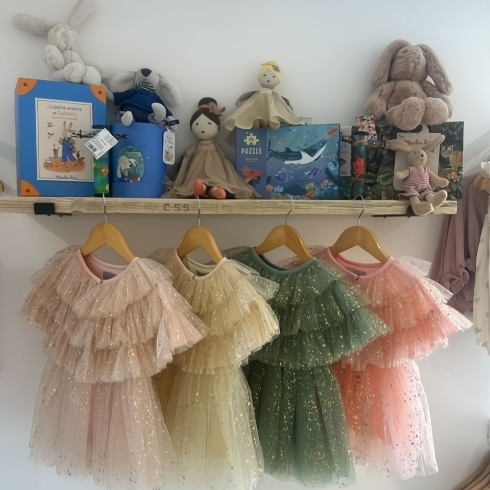 Children's toys and clothes displayed on a wall in Dottie & Oscar Children's Boutique 