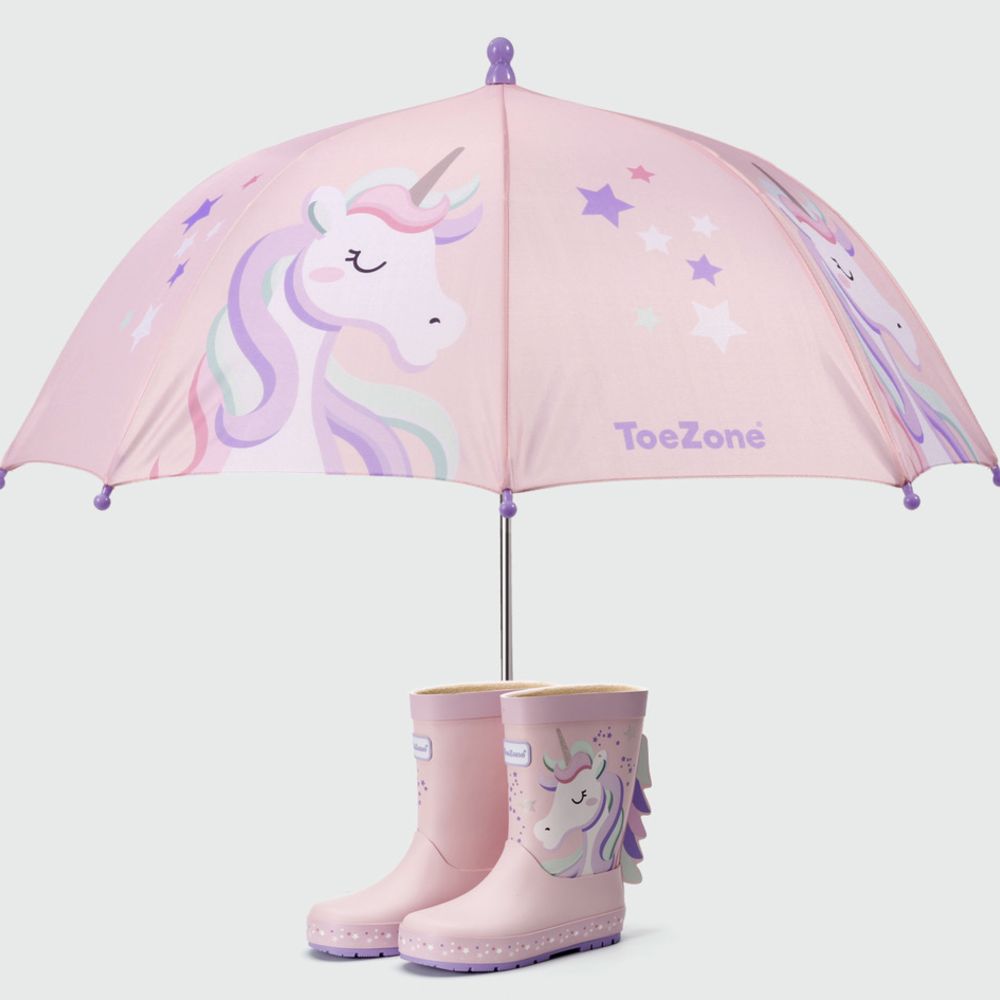 A child's pink unicorn umbrella and matching wellies by ToeZone 