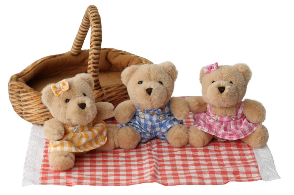 Three teddy bears on a red and white gingham rug beside a soft toy basket 