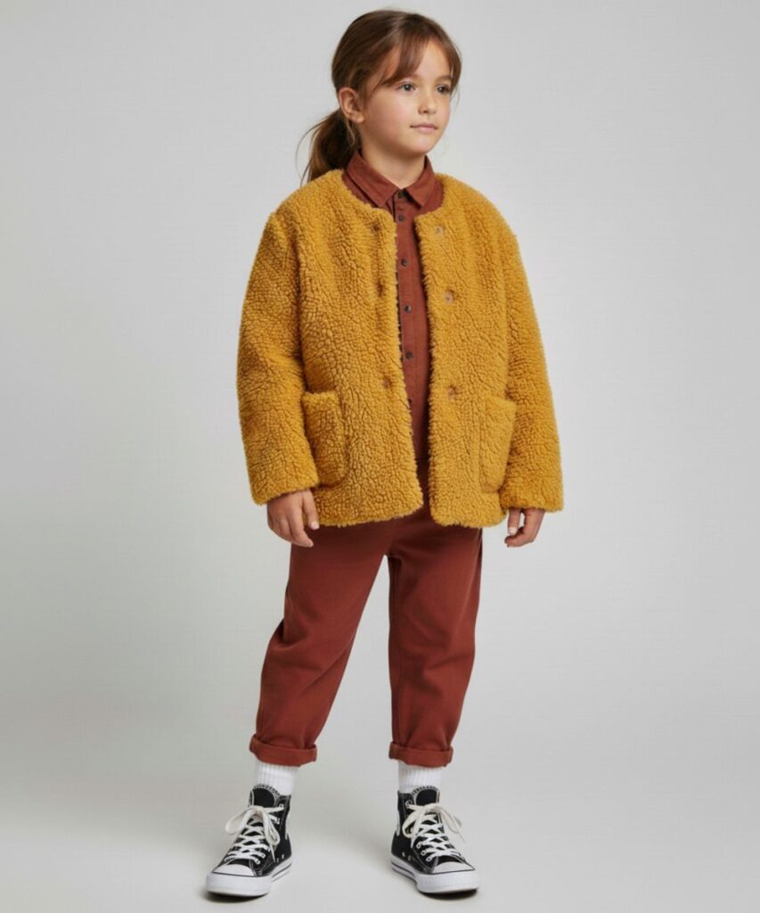 A girl in a yellow borg jacket, a rust coloured top and trousers and trainers by Wunder Duds 
