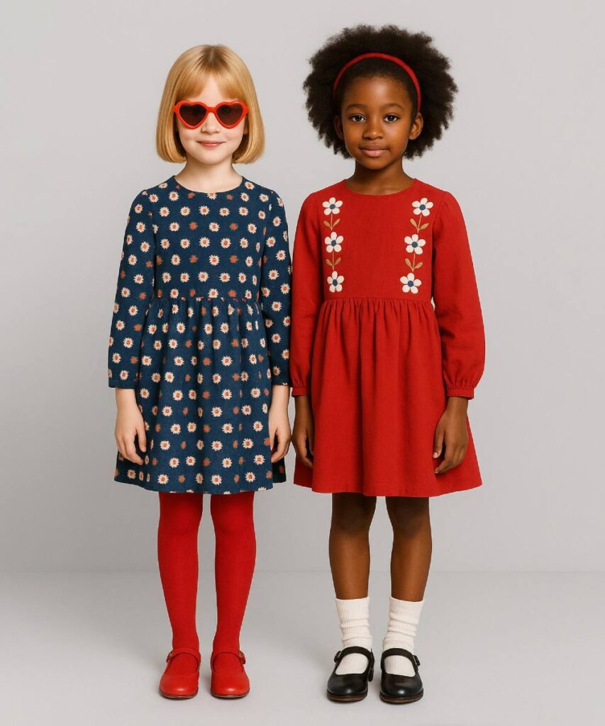 Two girls stood side by side wearing blue and red outfits from Wunder Duds 