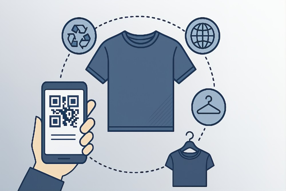 A graphic showing someone's hand scanning a digital product passport with a smartphone