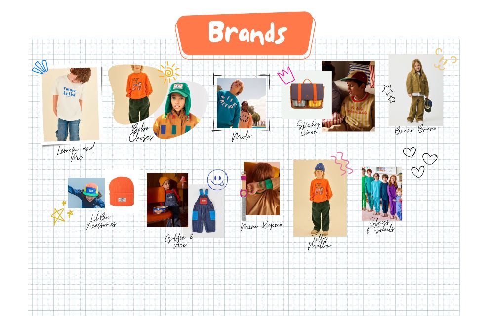An illustration showing the childrenswear brands stocked at Toboggan Kids