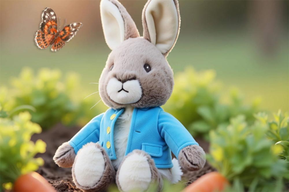 Peter Rabbit plush by Warmies displayed in a carrot patch