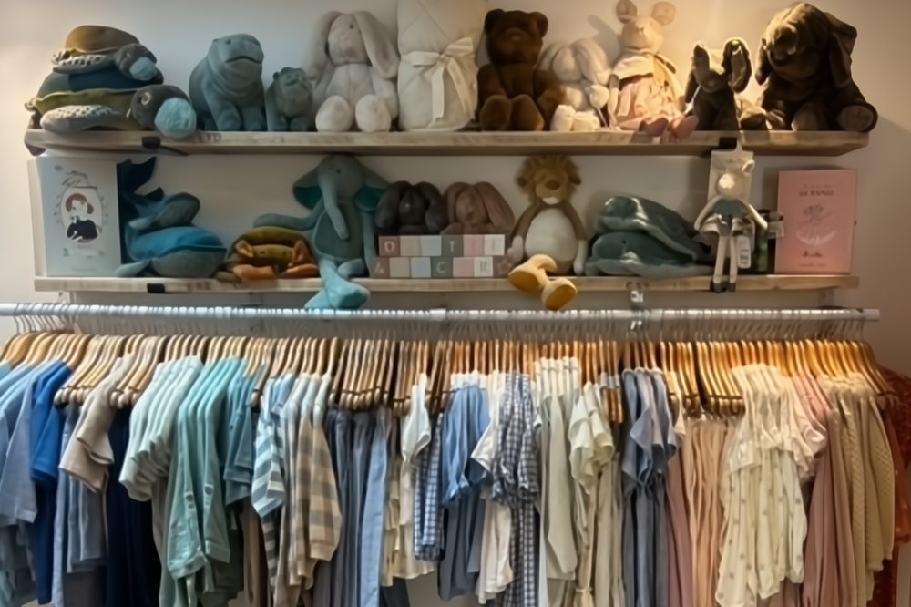Children's clothes and toys displayed on a wall in Dottie & Oscar Children's Boutique