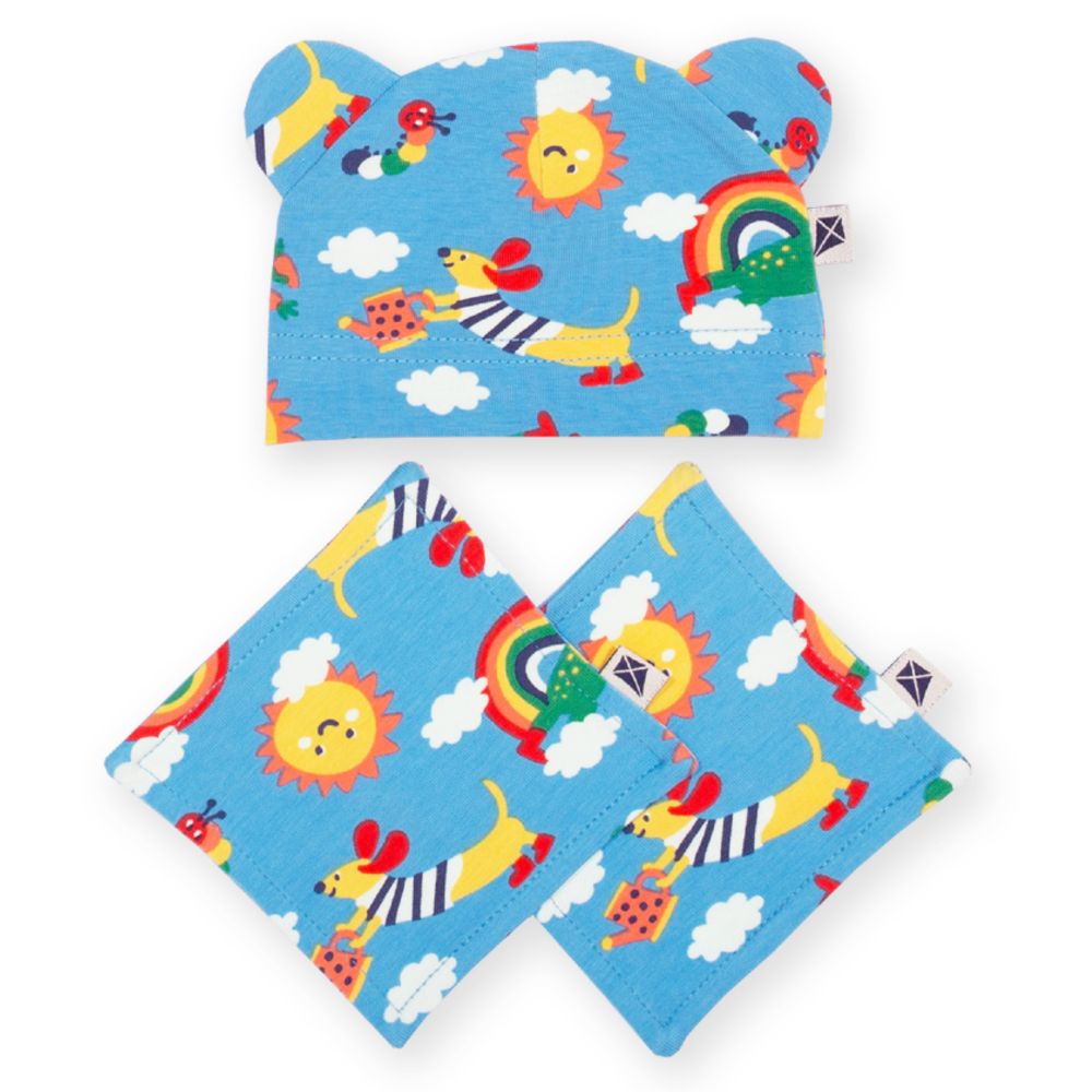 A baby's hat and bonding squares in a bright print from the premature baby range by Kite Clothing 