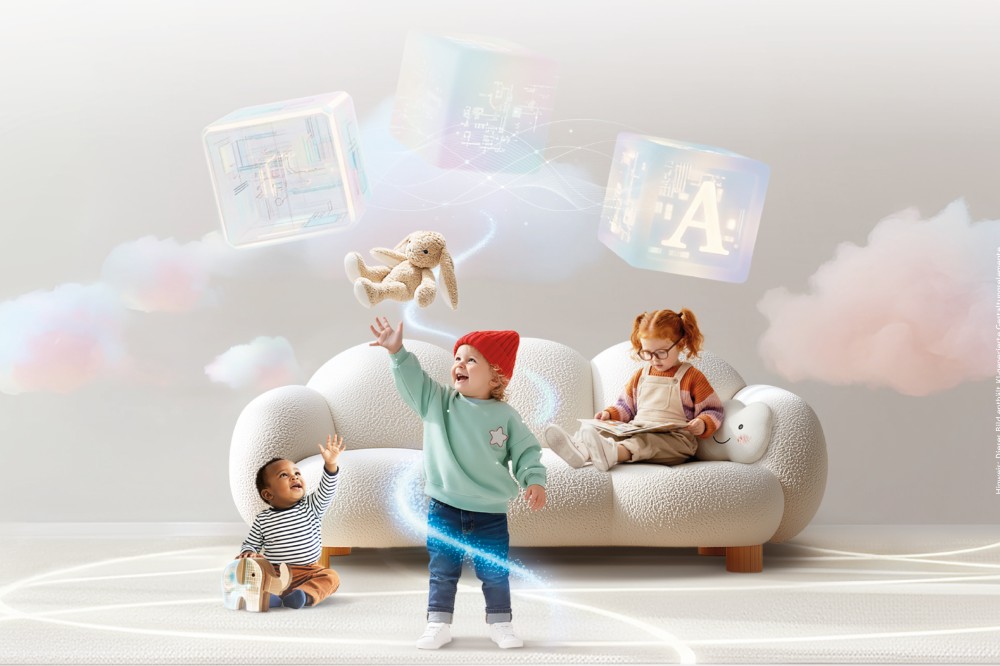 An image of three children in a room with to illustrate AI and the baby and toddler sector