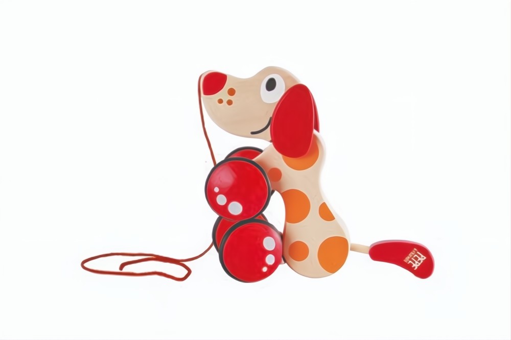A wooden dog pull-along toy by Hape Toys