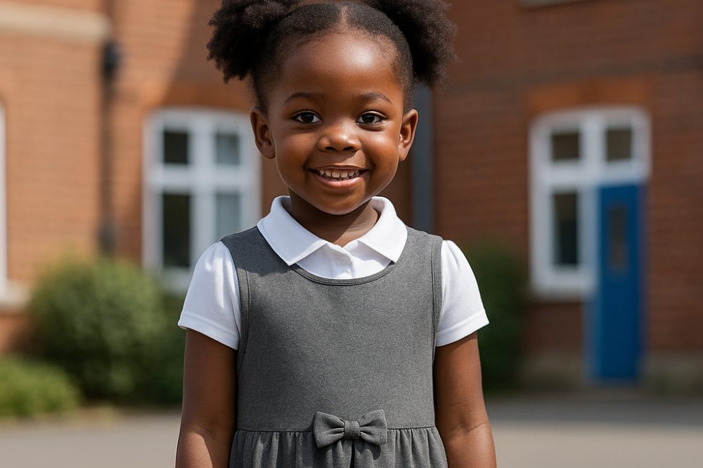 A young child stood outside wearing a white school blouse and a grey school pinafore dress by Little Classmates