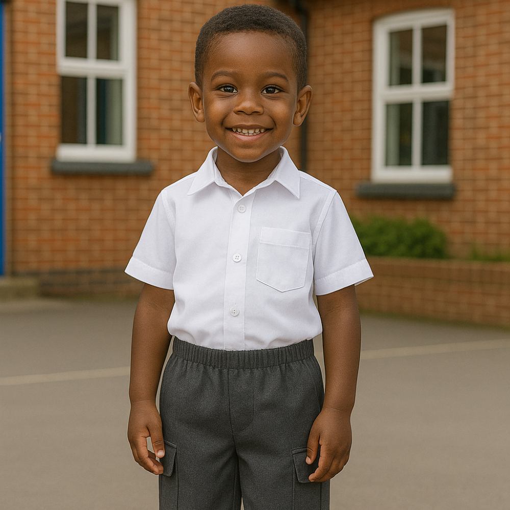 A young boy in a school playground wearing a white polo top and grey shorts from the Little Classmates range