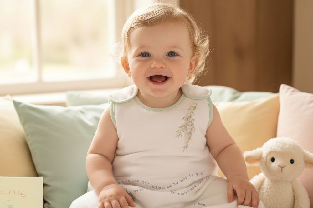 A smiling baby sat in front of a window wearing a sleeping bag with an illustrative design by Little Pottimus
