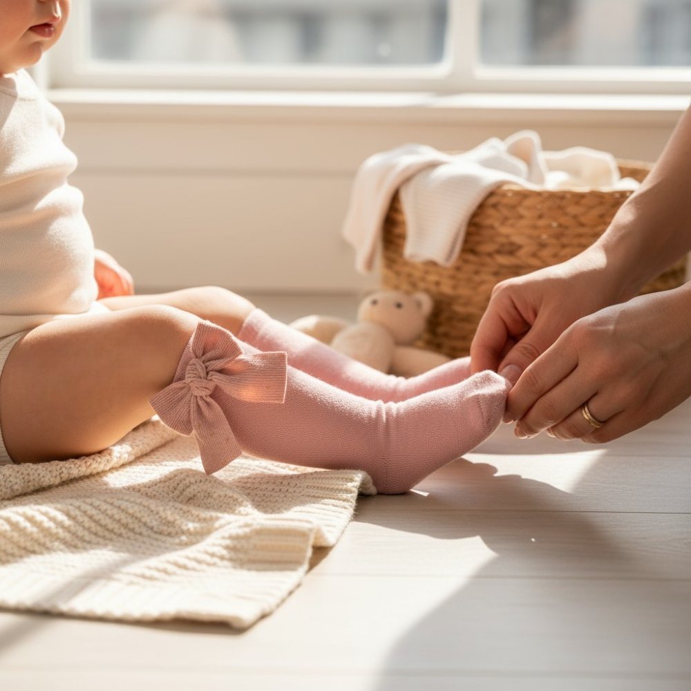 A baby sat on the floor wearing pink bow knee socks 