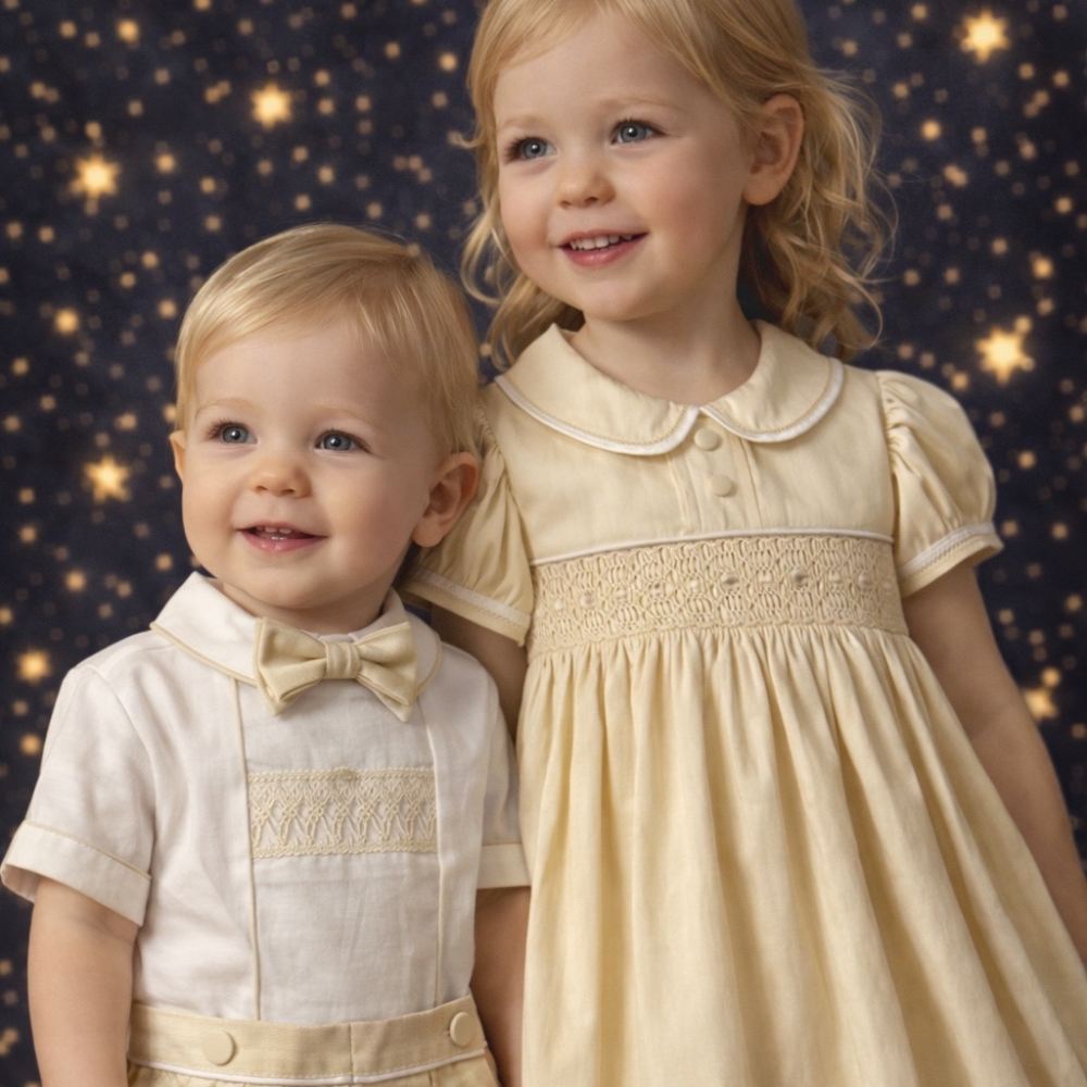 Two children in matching occasionwear outfits against a blue starry background 