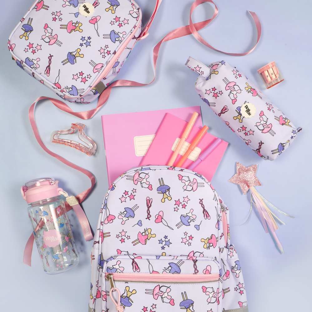 A child's matching rucksack, lunch bag, water bottle and pencil case displayed on a blue background
