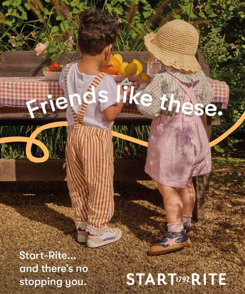 Two children outside in summer outfits and Start-Rite shoes 