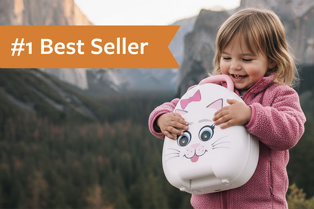 A young girl stood holding a pink My Carry Potty