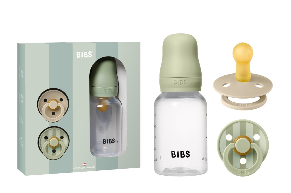A BIBS gift set comprising a baby bottle and dummies 