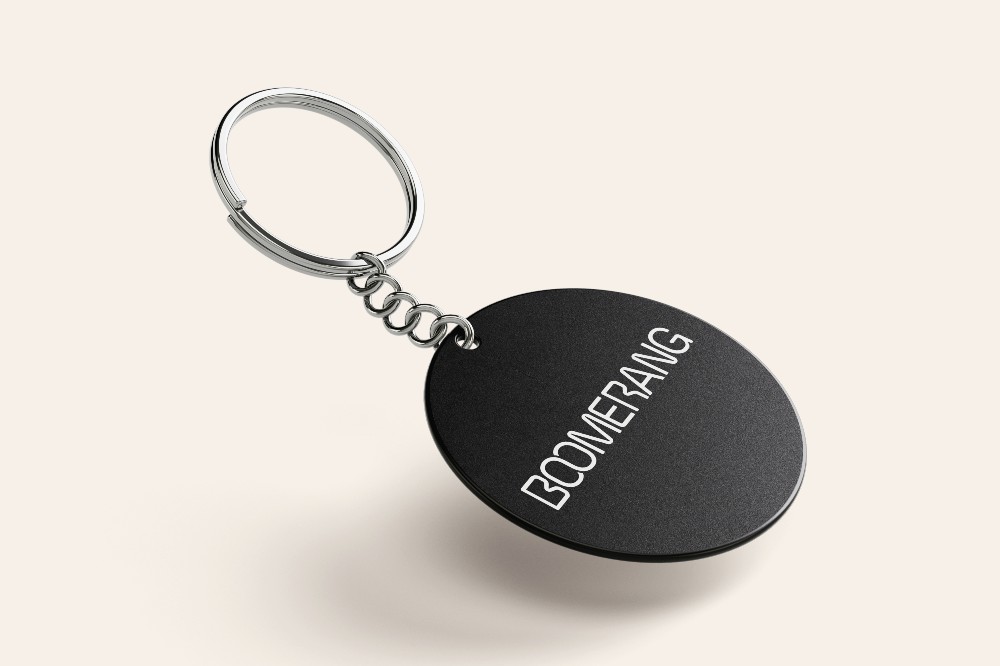 A BoomerangTag® smart nametag QR code on a keyring