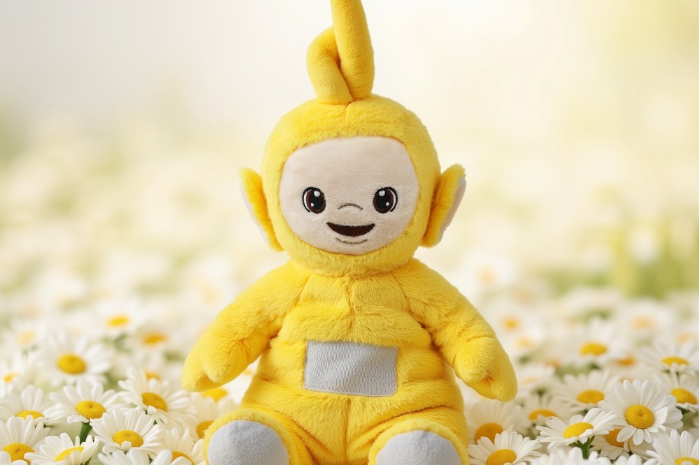 A yellow Teletubbies toy by Warmies displayed amongst daisies