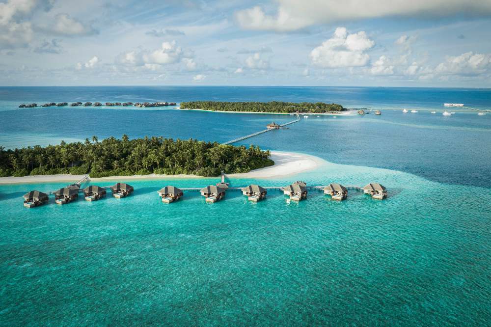 An aerial view of islands in the sea in the Maldives