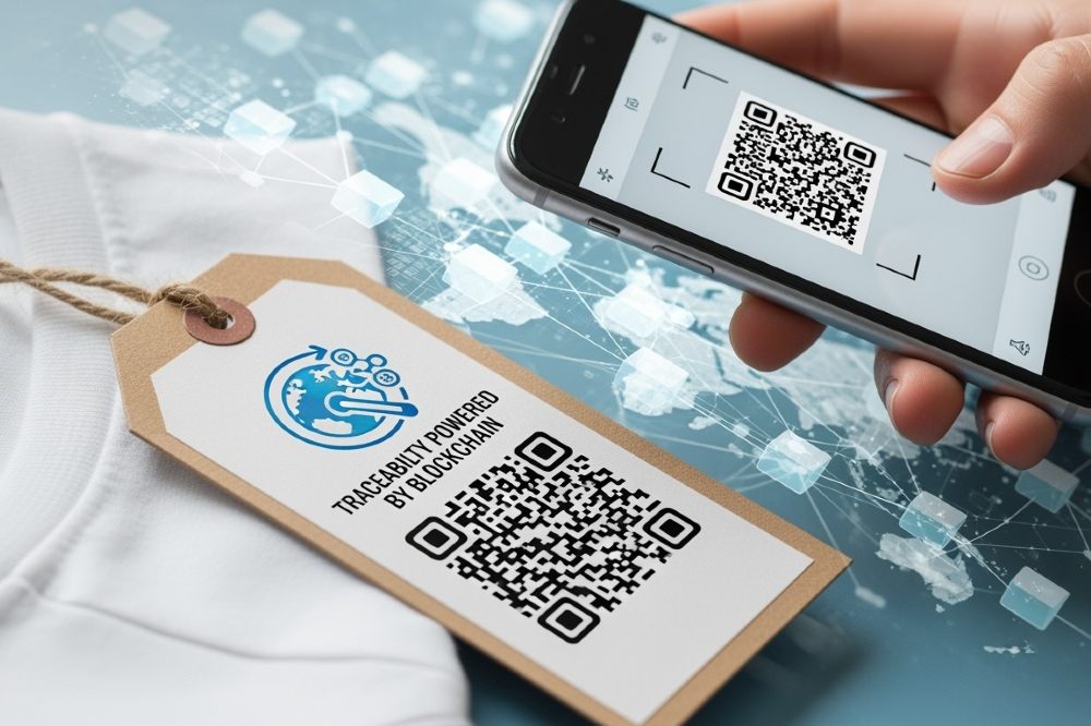 Someone scanning a QR code on a clothing label promoting SGS's Traceability, Transparency and Digital Product Passport – Status & Solutions for the Textile and Footwear Supply Chain webinar