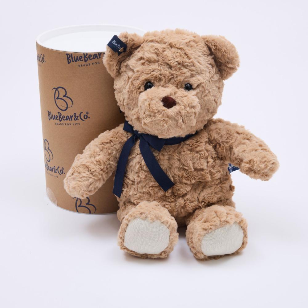 A teddy bear beside a gift box 