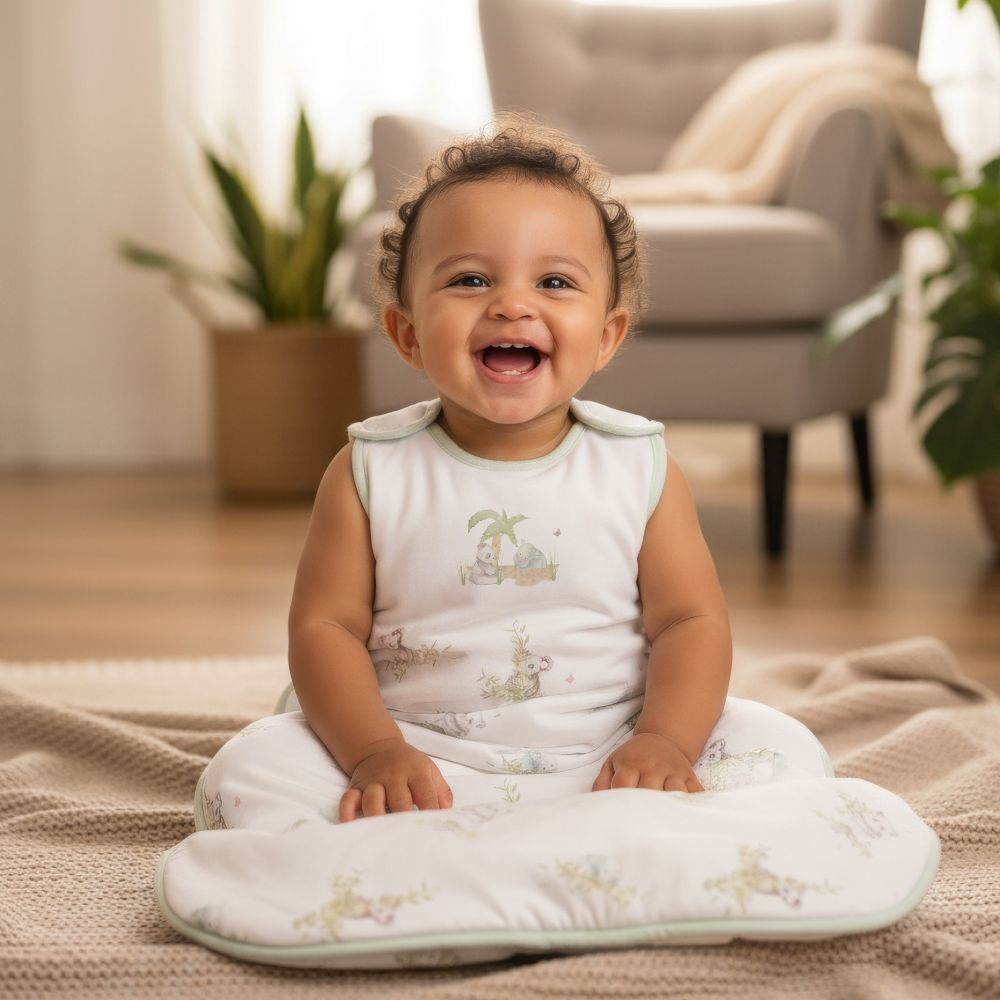 A smiling baby sat on the floor in a sleep bag