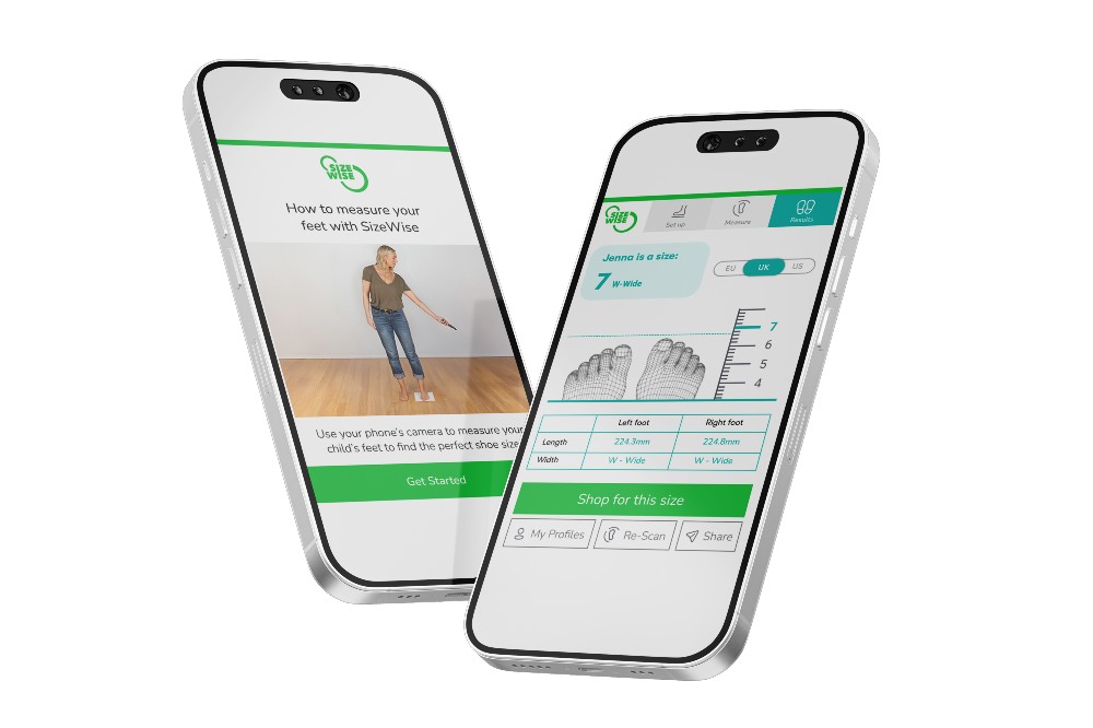 Two mobile devices displaying SizeWise footwear measuring