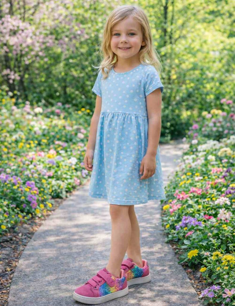 A girl stood on garden path wearing pinkly sparkly shoes by TT Kids 