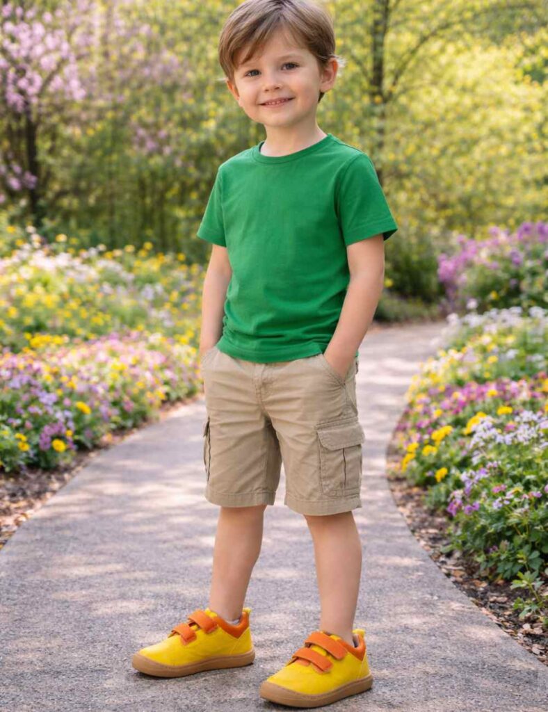 A boy stood on a garden path wearing yellow shoes by TT Kids 
