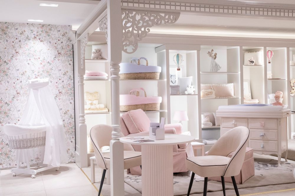 A display of luxury nursery interiors and furniture in Harrods baby and nursery department