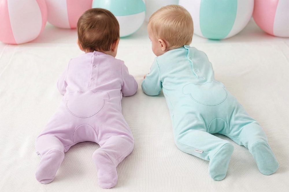Two babies lying on the floor next to balloons wearing pastel coloured babygros by Blues Baby