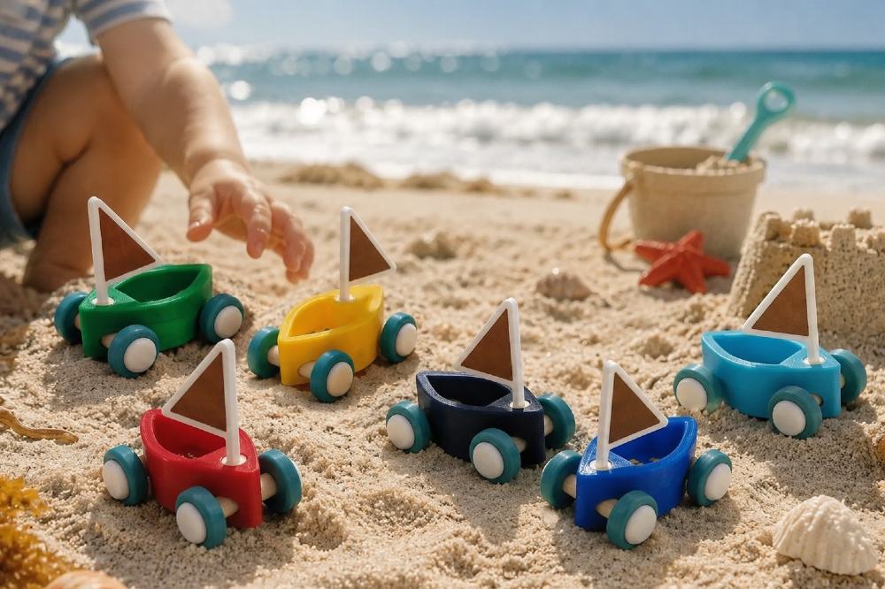 A child on a beach playing with colourful toys sail boats by Little Floatilla