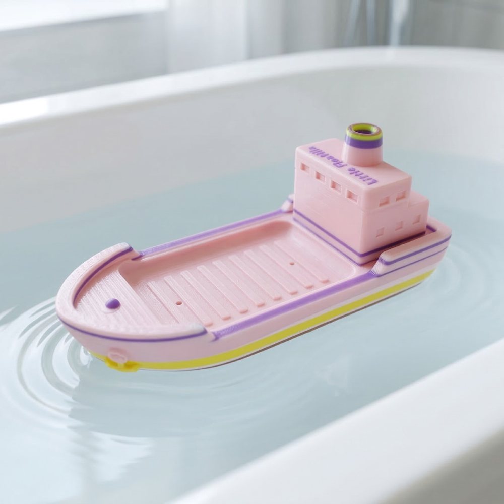A pink cargo ship floating toy by Little Floatilla shown in a bath 