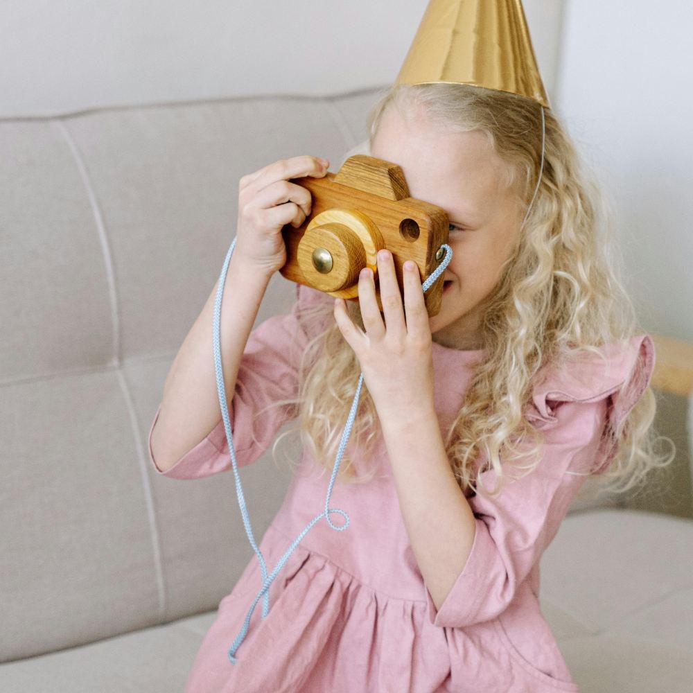 A sitting girl in a pink dress and party hat holding a toy wooden camera up to her eye