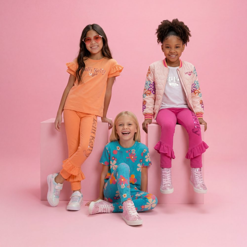 Three girls against a pink background wearing summery outfits by Lelli Kelly Clothing 