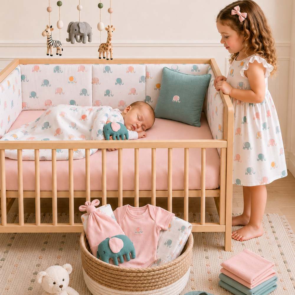 A girl in a nursery looking at a baby in a crib with nursery accessories on the floor