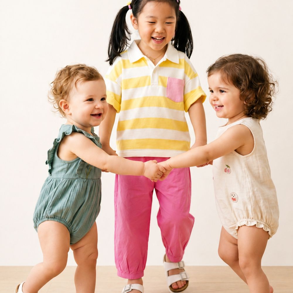 Three children laughing and holding hands wearing summer outfits by Little Eco Threads