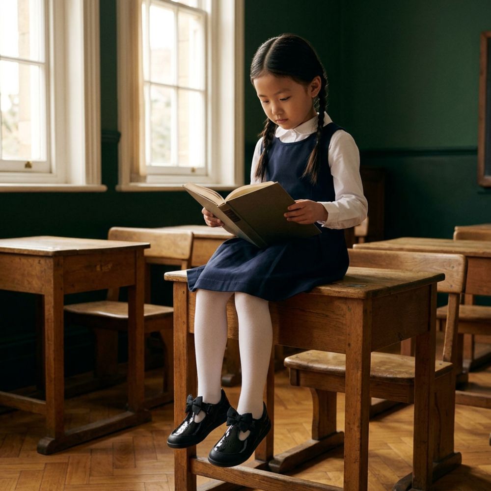 A school girl in a classroom sat on a desk wearing bow school shoes by Bobux 