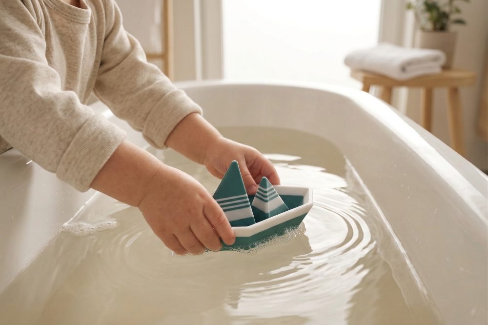 A child playing with an origami style toy boat by Floatilla in a bath 