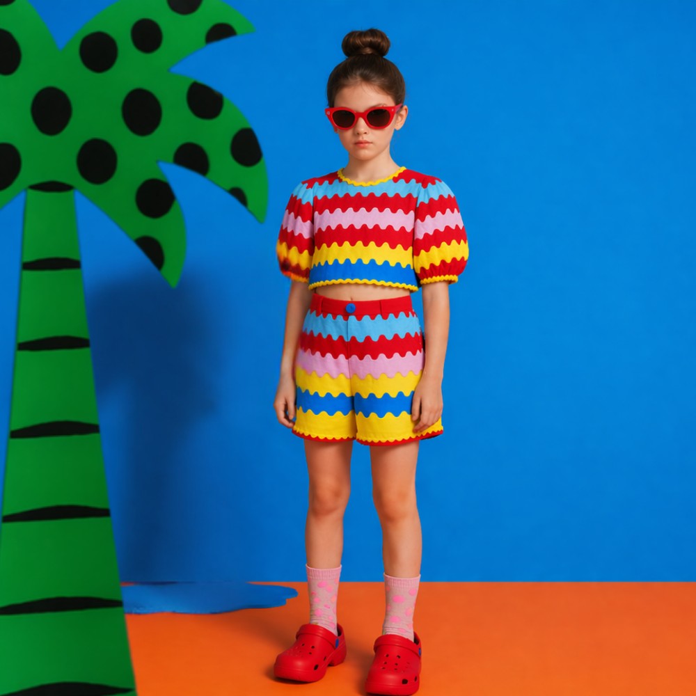 A girl wearing brightly coloured shorts and a matching top stood against a blue background 
