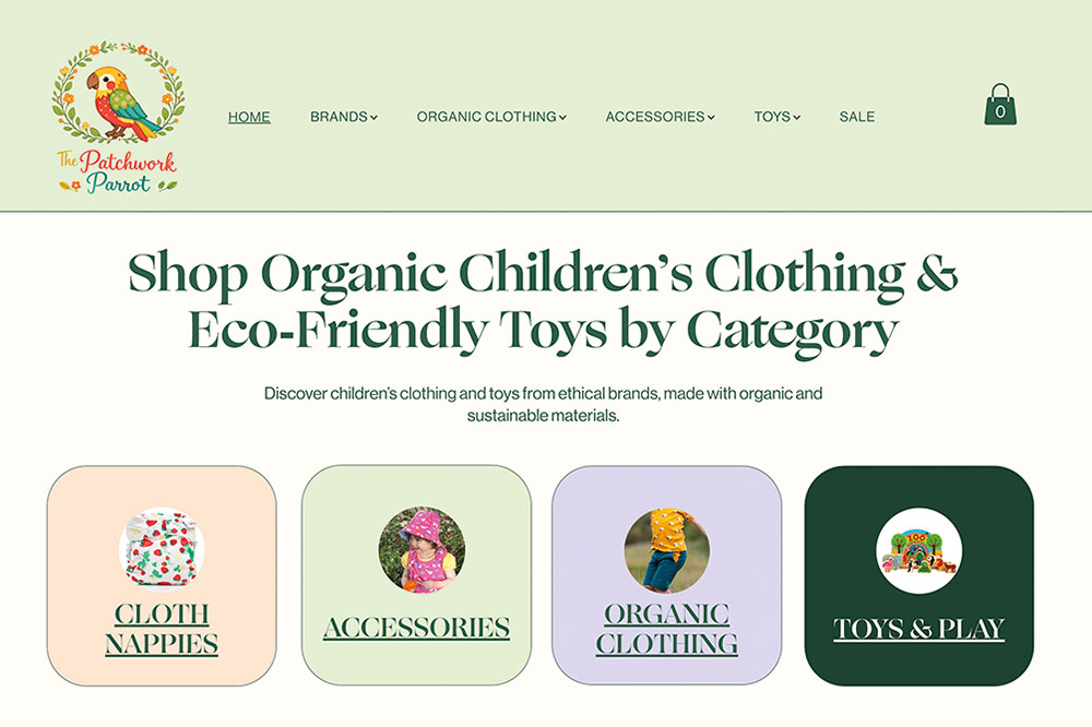 Screen shot of The Patchwork Parrot homepage