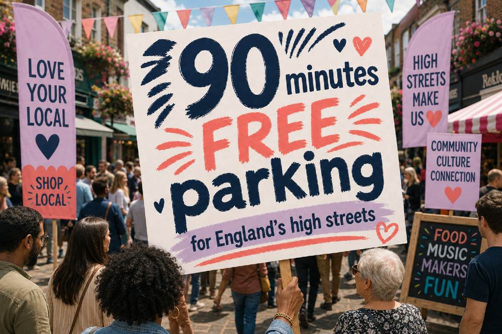 People marching on a high street promoting the 90 free minutes' parking campaign
