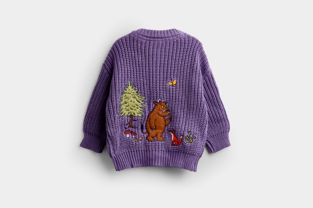 A children's purple knitted cardigan from The Gruffalo collection by JoJo Maman Bebe