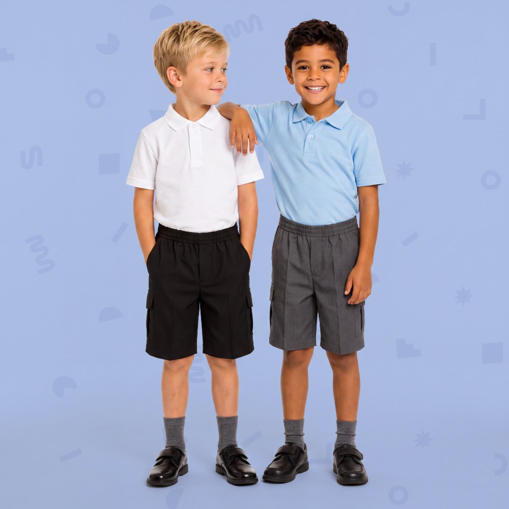Two boys stood side by side against a blue background wearing school uniform by Little Classmates 